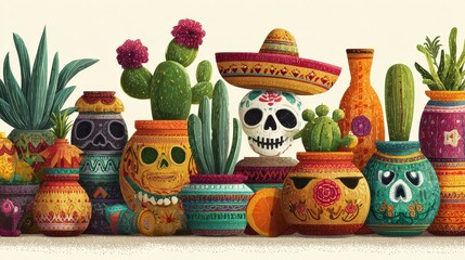 Collection of colorful Mexican pottery, cacti, and a sugar skull with a sombrero