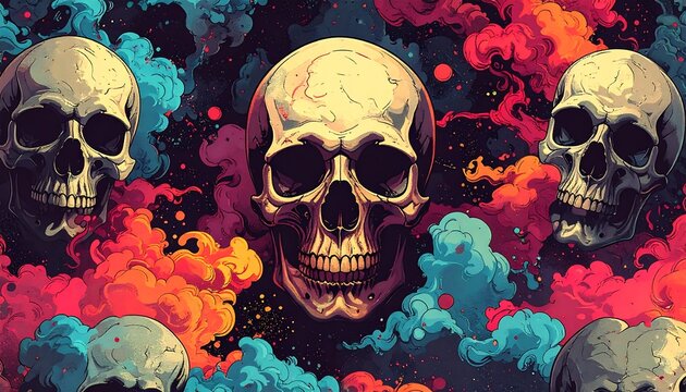 A vibrant, colorful scene featuring skulls amidst swirling clouds of red, blue, and orange, set against a dark backdrop