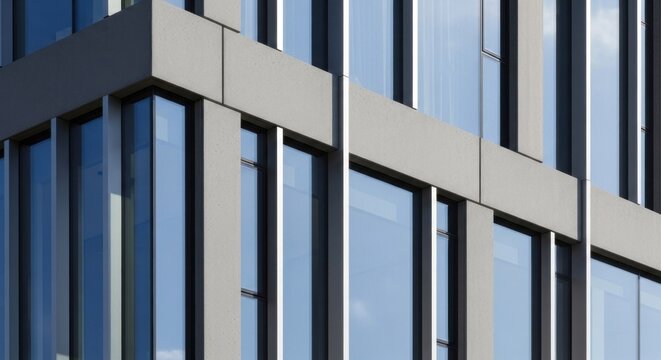 A modern office building with glass windows and a concrete facade. - Powered by Adobe