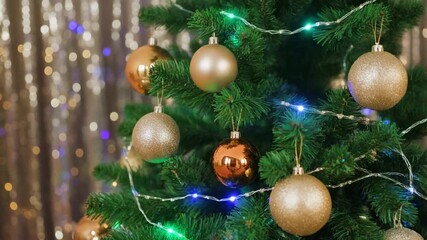 Festive Green Christmas Tree Adorned with Golden Ornaments and Twinkling Lights