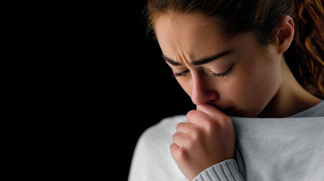 Young woman with brown hair in white sweater looking down, eyes closed, expressing sadness and contemplation on black background