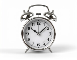 Old retro vintage alarm clock isolated on a white background with black numbers and a metal bell ringing to wake up in the morning