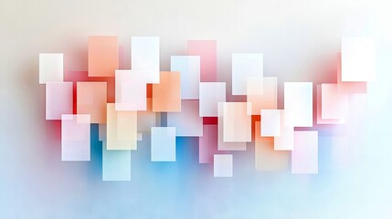 A collection of overlapping rectangular and square shapes in soft pastel colors, arranged in a dynamic composition against a gradient background transitioning f