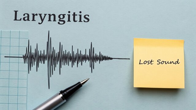 Voice waveform fading out labeled Laryngitis with a pen