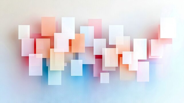 A collection of overlapping rectangular and square shapes in soft pastel colors, arranged in a dynamic composition against a gradient background transitioning f