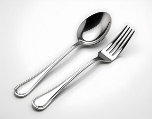 Shiny silver fork and spoon on white table, isolated metal cutlery for dinner