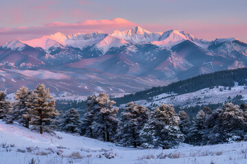 Majestic snow-capped mountains bathed in soft pink sunrise light, with frosted trees in the foreground.