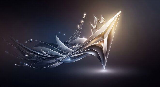 A futuristic, abstract design with a geometric shape and glowing elements, set against a dark background.