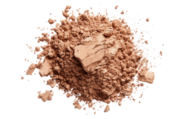 Loose face powder makeup scattered isolated on transparent background. Macro photograph of loose bronzer powder foundation cosmetics scattered and swirled isolated on white background.