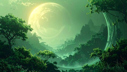 A lush, green alien world landscape with a massive planet and ring system dominating the misty horizon