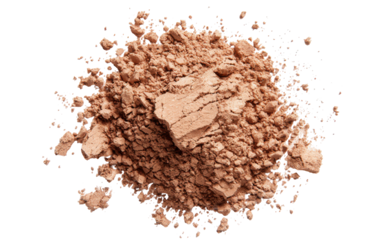 Loose face powder makeup scattered isolated on transparent background. Macro photograph of loose bronzer powder foundation cosmetics scattered and swirled isolated on white background.