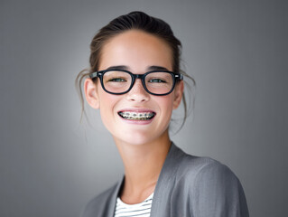 Fototapeta premium Young woman with glasses and braces smiling confidently, wearing striped shirt and gray jacket, neutral background, cheerful mood