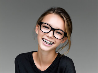 Fototapeta premium Young woman with glasses and braces smiling, wearing black sweater, straight hair, cheerful expression, studio portrait