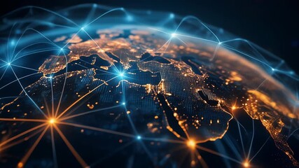 Stunning digital globe with glowing network connections over Europe and the Middle East for innovative technology visuals - Powered by Adobe