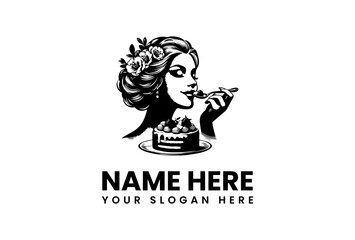 Elegant Vector Logo Illustration of a Woman Enjoying a Delicious Cake
