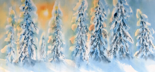 Snowy winter forest landscape painted in watercolor