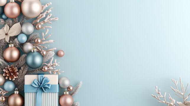 Festive blue Holiday Backdrop with Gift Box and Decorations