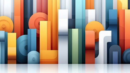 A vibrant abstract composition featuring overlapping geometric shapes like rectangles and circles in warm orange, yellow, and cool blue, green, and grey tones.