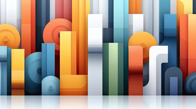 A vibrant abstract composition featuring overlapping geometric shapes like rectangles and circles in warm orange, yellow, and cool blue, green, and grey tones.