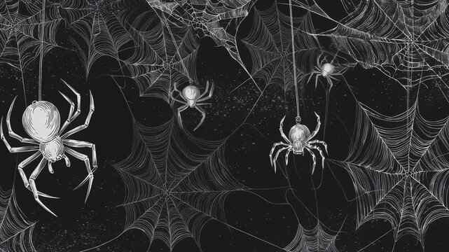 Eerie black and white spider web illustration with detailed spiders for Halloween decor