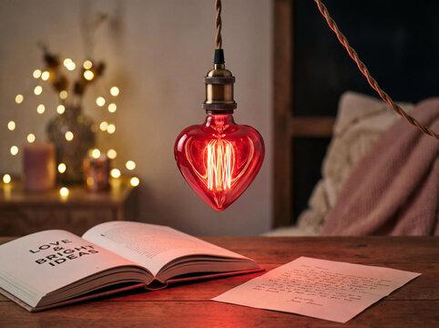Cozy interior scene with heart shaped pendant lamp glowing above open book and handwritten letter in warm romantic lighting