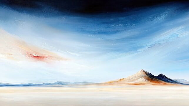 An abstract oil painting depicts a vast, minimalist landscape with rolling hills and a dramatic sky. The foreground is a flat expanse of pale sand, leading to d
