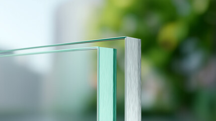 Macro closeup of laminated glass panes showing layers, edge detail. Comparison of energy efficient and regular glass types, transparent green material texture for construction and window applications.