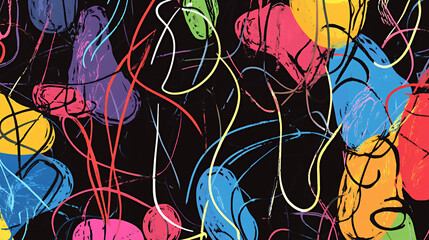 Abstract colorful shapes and lines on black background, artistic design