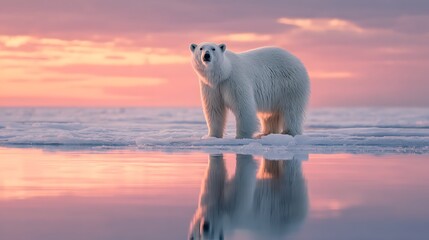 Polar bear standing on floating ice sheet in arctic ocean