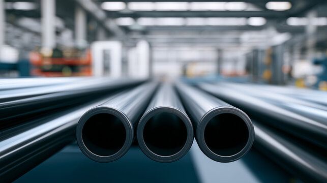 Plastic pipes on production line in manufacturing facility. Black cylindrical tubes with smooth surface, industrial assembly process, construction materials in modern factory warehouse interior.