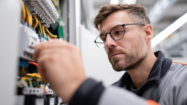 Electrician technician inspecting electrical panel with colorful wiring. Professional engineer testing circuit connections, maintenance work on industrial control system, focused safety inspection.