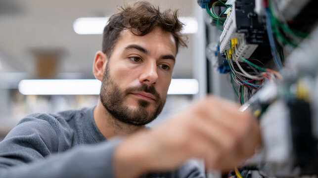 Electrician engineer inspecting electrical panel with colorful wiring. Professional technician examining circuit connections during maintenance work, focused on equipment installation in facility.