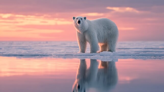 Polar bear standing on floating ice sheet in arctic ocean - Powered by Adobe