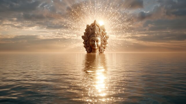 Golden Surya God Statue Emerging from Water with Divine Sunburst