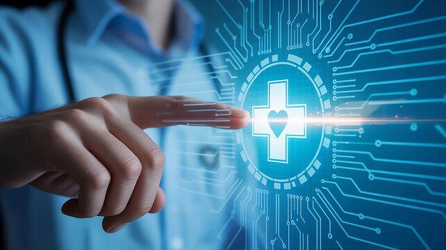 Doctor s hand touches glowing digital medical cross symbol on futuristic circuit board interface