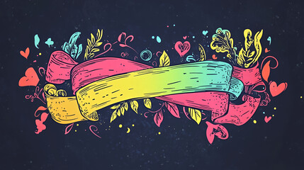 Colorful banner illustration with hearts and floral elements on a dark background