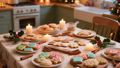 Delicious homemade Christmas cookies with colorful icing and sprinkles. Holiday baking and festive decoration for a winter celebration.