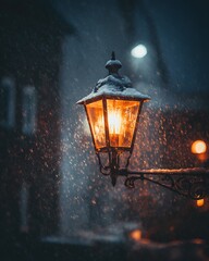 Vintage street lamp glowing warmly in heavy snowfall at night