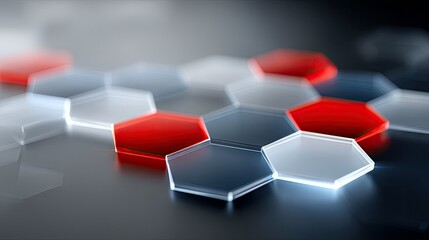 A close-up, abstract view of translucent hexagonal shapes arranged in a pattern. Some hexagons are red, some are dark blue, and others are clear or white, with