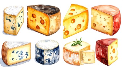 Eight assorted cheese wedges and rounds, rendered in a vibrant, watercolor style with varying textures and colors