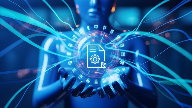 Futuristic ai robot holding glowing digital data and information streams in a cybernetic network
