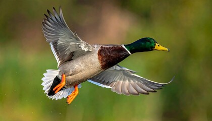 Obraz premium A vibrant mallard duck soars in flight against a soft, blurred background with wings spread gracefully