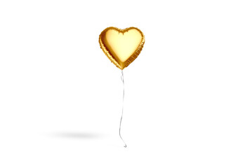 Blank gold heart balloon flying mockup, png, transparent background, 3d rendering. Clear decoration helium gift for wedding or valentine mock up, cut out.