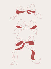 Hand-drawn bow set in soft red shades. Elegant decorative ribbons perfect for holiday designs, gifts, packaging, cards, posters, stickers, and feminine aesthetic projects.