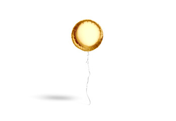 Blank gold round balloon flying mockup, png, transparent background, 3d rendering. Empty circle decor levitation balone with ribbon mock up, cut out.
