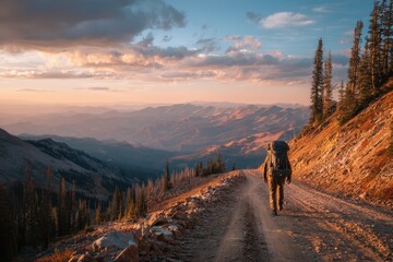 Solitary traveler exploring remote mountains during golden hour, rugged landscape