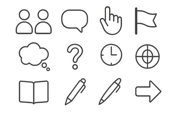 Pragmatics Line Icons. Line style icons of Pragmatics: Conversation, Speech Bubble, Gesture, Hand; Thought Bubble, Question Mark,