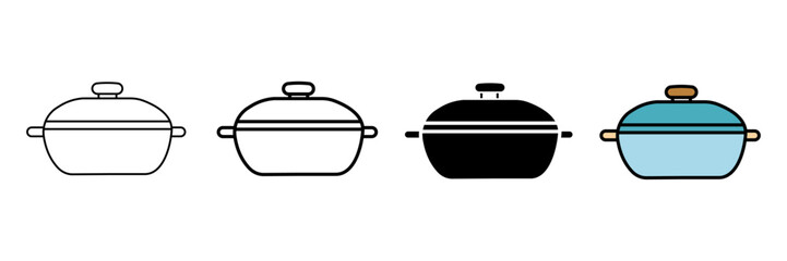 Set of minimalist cooking pot icons with transparent background, depicting kitchenware, saucepan, stewpot, and food preparation tools, vector illustration