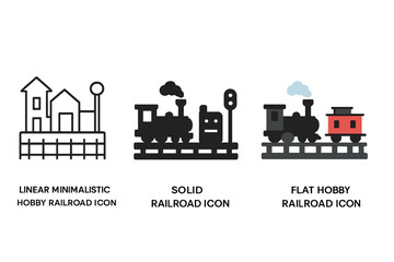 Obraz premium Minimalist Railroad Icon. Linear minimalistic hobby railroad icon: straight track, steam locomotive, caboose, scenery buildings,