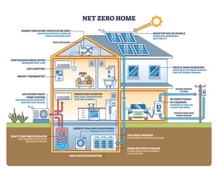 Net zero home schematic showing solar panels, heat pump, and EV charger working together for efficient, grid-balanced living with storage. Outline diagram